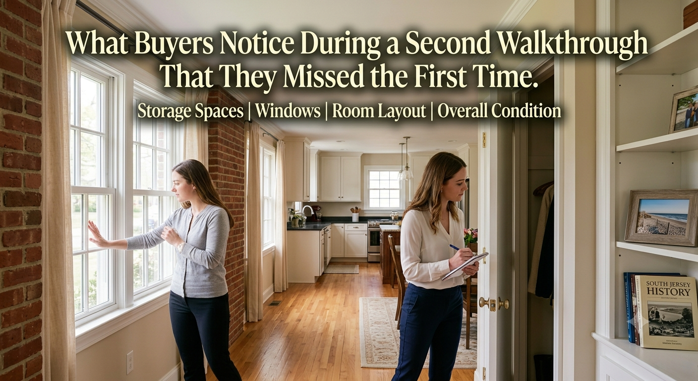 A South Jersey homebuyer carefully inspecting a bright, well-maintained home during a second walkthrough, checking storage spaces, windows, and room layout while evaluating the home's overall condition, overlaid with the text: “What Buyers Notice During a Second Walkthrough That They Missed the First Time.” 