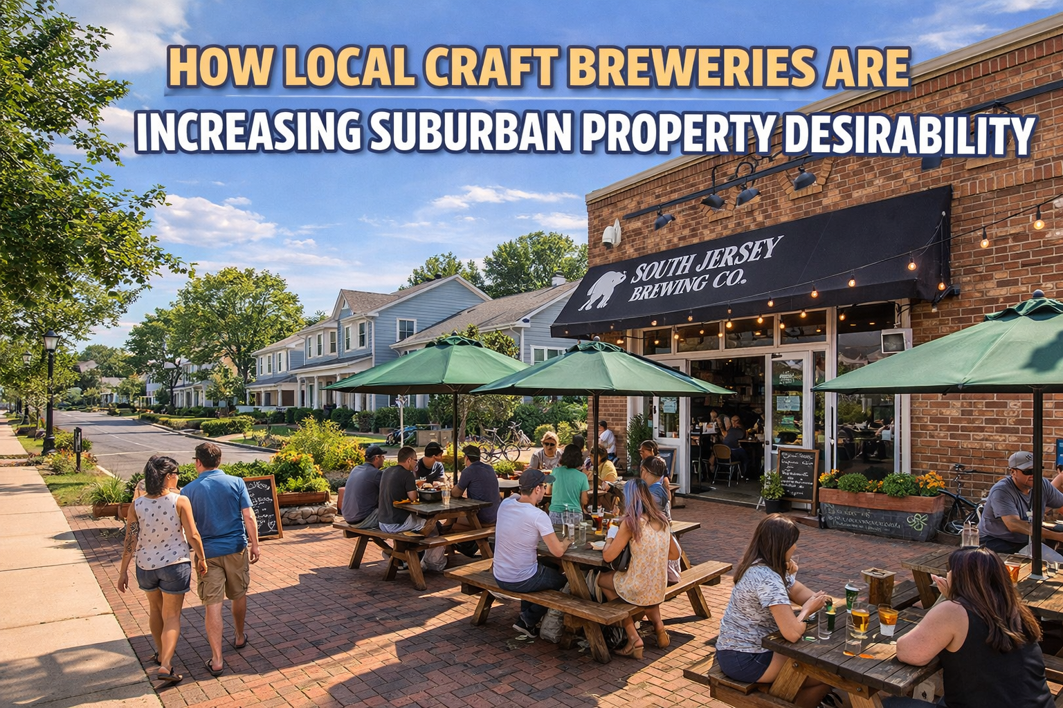 South Jersey neighborhood with a local craft brewery, outdoor seating, and nearby homes, showcasing lifestyle-driven property desirability with Overlay Text: “HOW LOCAL CRAFT BREWERIES ARE INCREASING SUBURBAN PROPERTY DESIRABILITY”