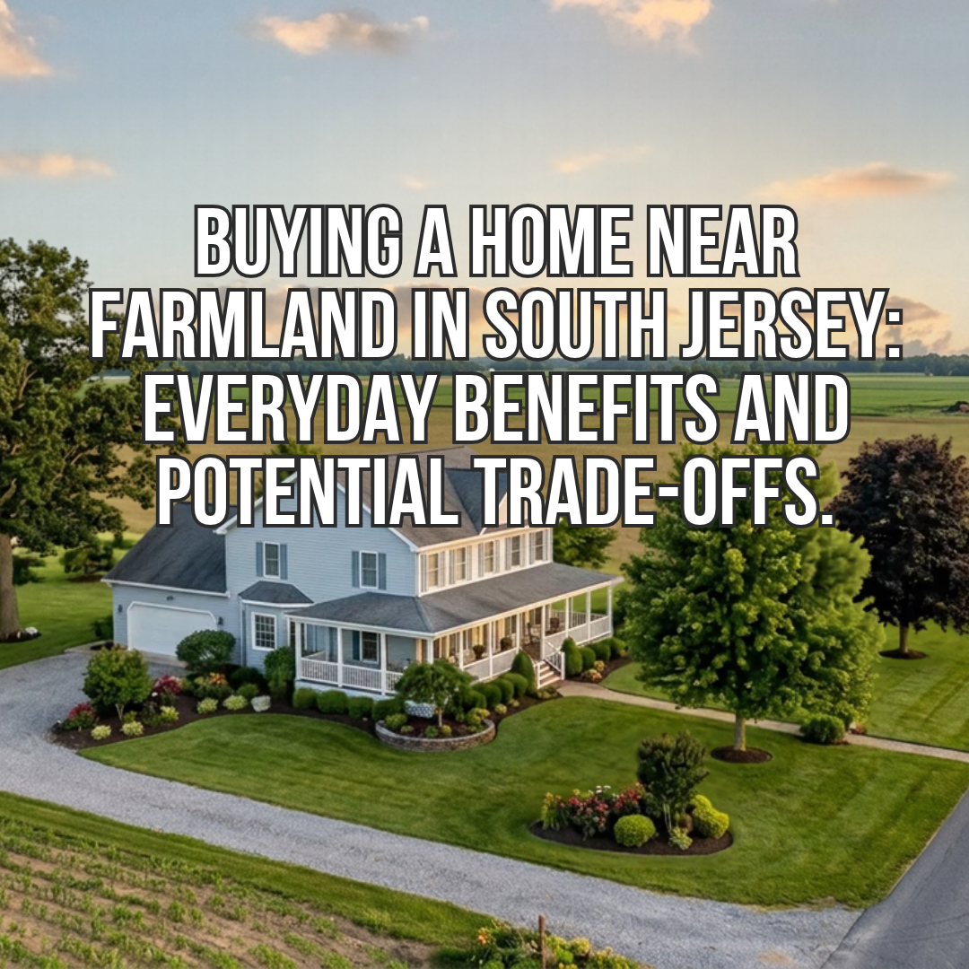 A well-maintained South Jersey home beside open agricultural fields with a landscaped yard, mature trees, and a rural residential road, illustrating the everyday benefits and potential trade-offs of buying a home near farmland, overlaid with the exact title: “Buying a Home Near Farmland in South Jersey: Everyday Benefits and Potential Trade-Offs.” 