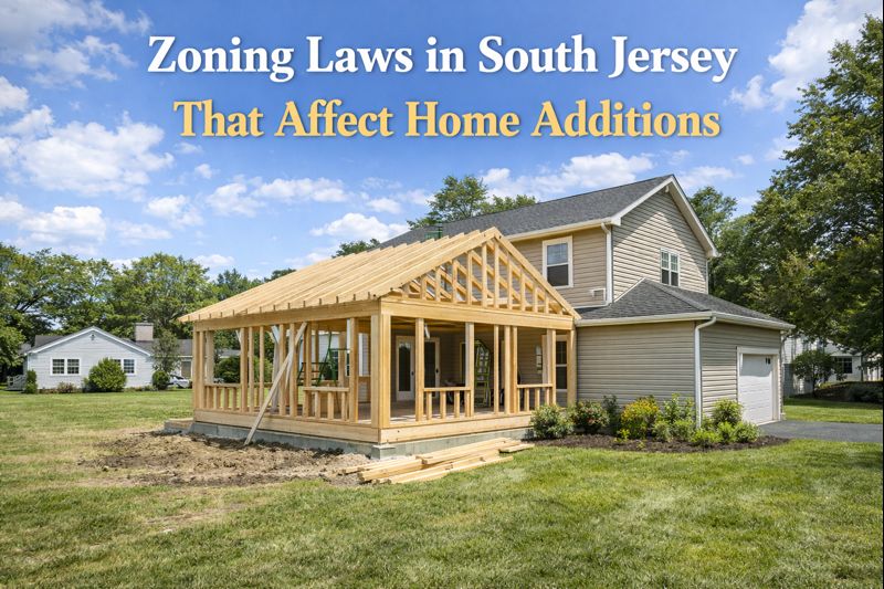 South Jersey suburban home undergoing a permitted home addition, with visible framing and surrounding residential neighborhood overlay with “Zoning Laws in South Jersey That Affect Home Additions”
