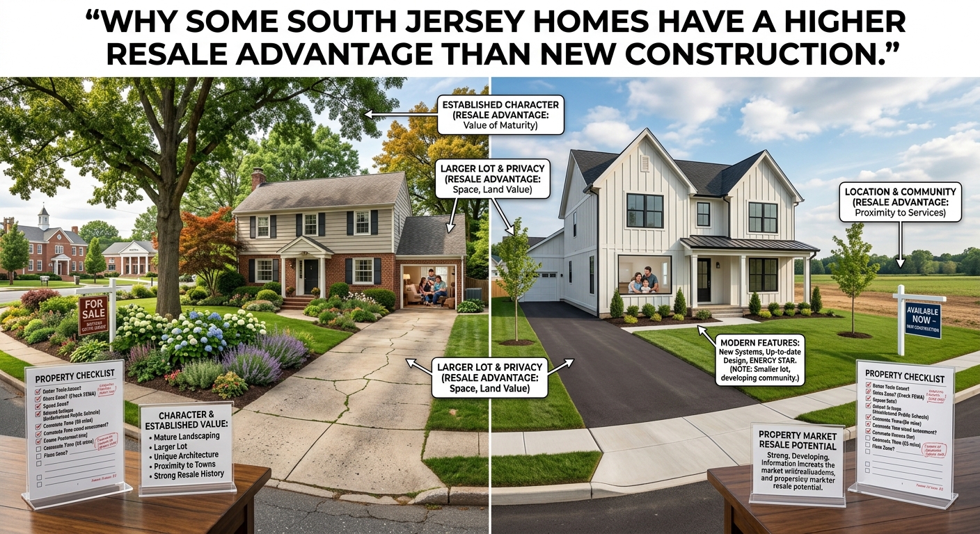 A comparison of an established South Jersey home with mature trees and landscaping beside a modern new construction home, illustrating the differences in neighborhood character, lot size, location, and resale potential, overlaid with the text: “Why Some South Jersey Homes Have a Higher Resale Advantage Than New Construction.” 