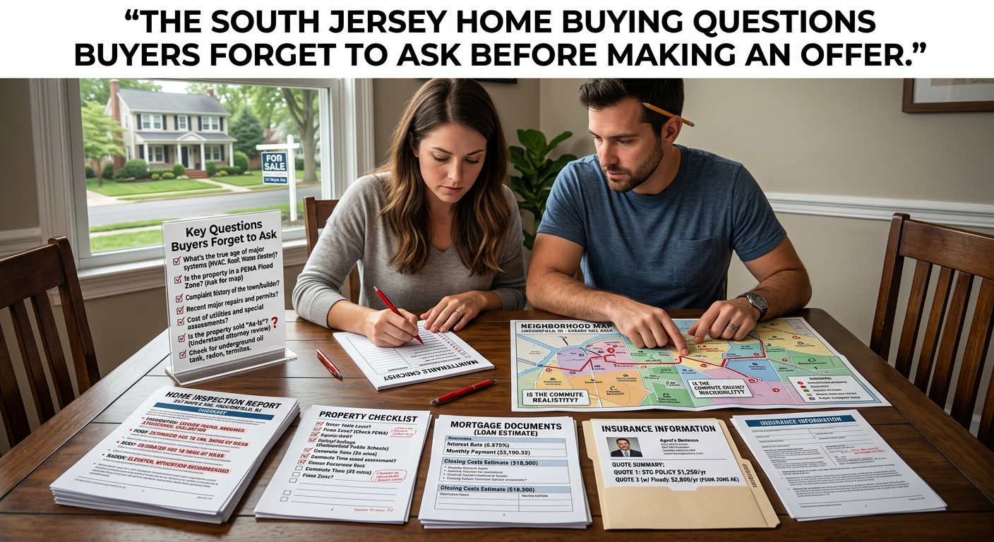 South Jersey homebuyers reviewing a property checklist, inspection report, mortgage documents, insurance information, and neighborhood map before making an offer, illustrating the important questions buyers should ask before purchasing a home, overlaid with the text: “The South Jersey Home Buying Questions Buyers Forget to Ask Before Making an Offer.”