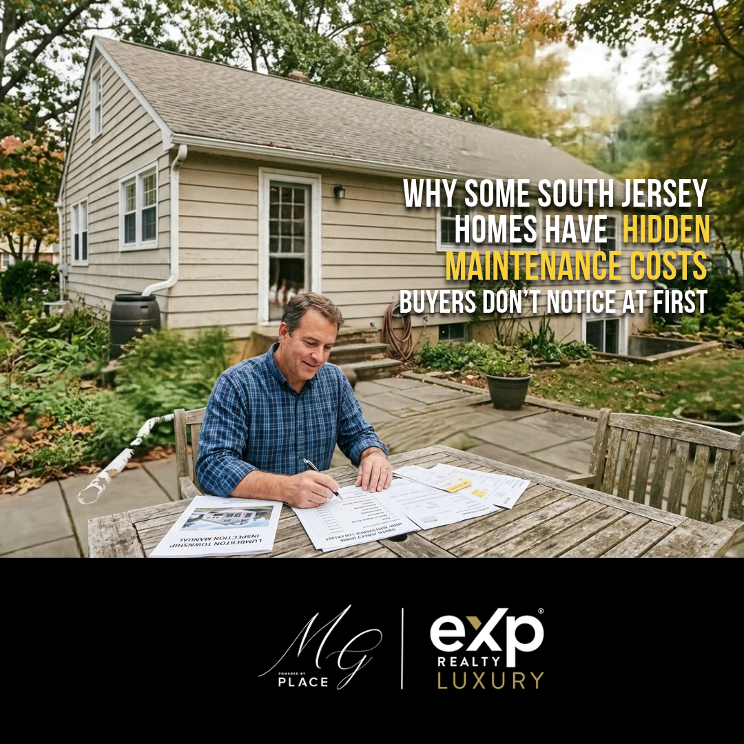 South Jersey home with a homeowner reviewing a maintenance checklist showing roof, HVAC, drainage, landscaping, basement, and exterior repair costs, illustrating why some homes have hidden maintenance expenses buyers don't notice at first, overlaid with the text: “Why Some South Jersey Homes Have Hidden Maintenance Costs Buyers Don’t Notice at First”