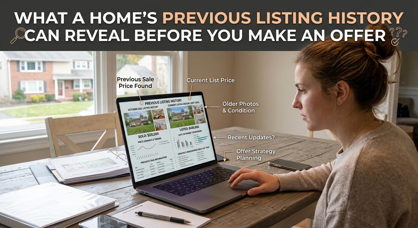 South Jersey homebuyer reviewing a property's previous listing history on a laptop, comparing old and current listing photos, prices, and sale information before making an offer, overlaid with the text: “What a Home’s Previous Listing History Can Reveal Before You Make an Offer”