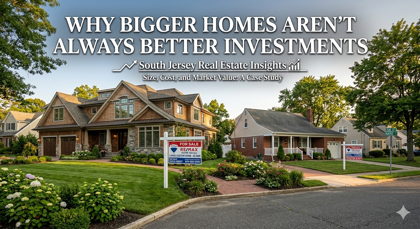 South Jersey large home beside a smaller home, illustrating that bigger homes aren’t always better investments with Overlay Text: “WHY BIGGER HOMES AREN’T ALWAYS BETTER INVESTMENTS”