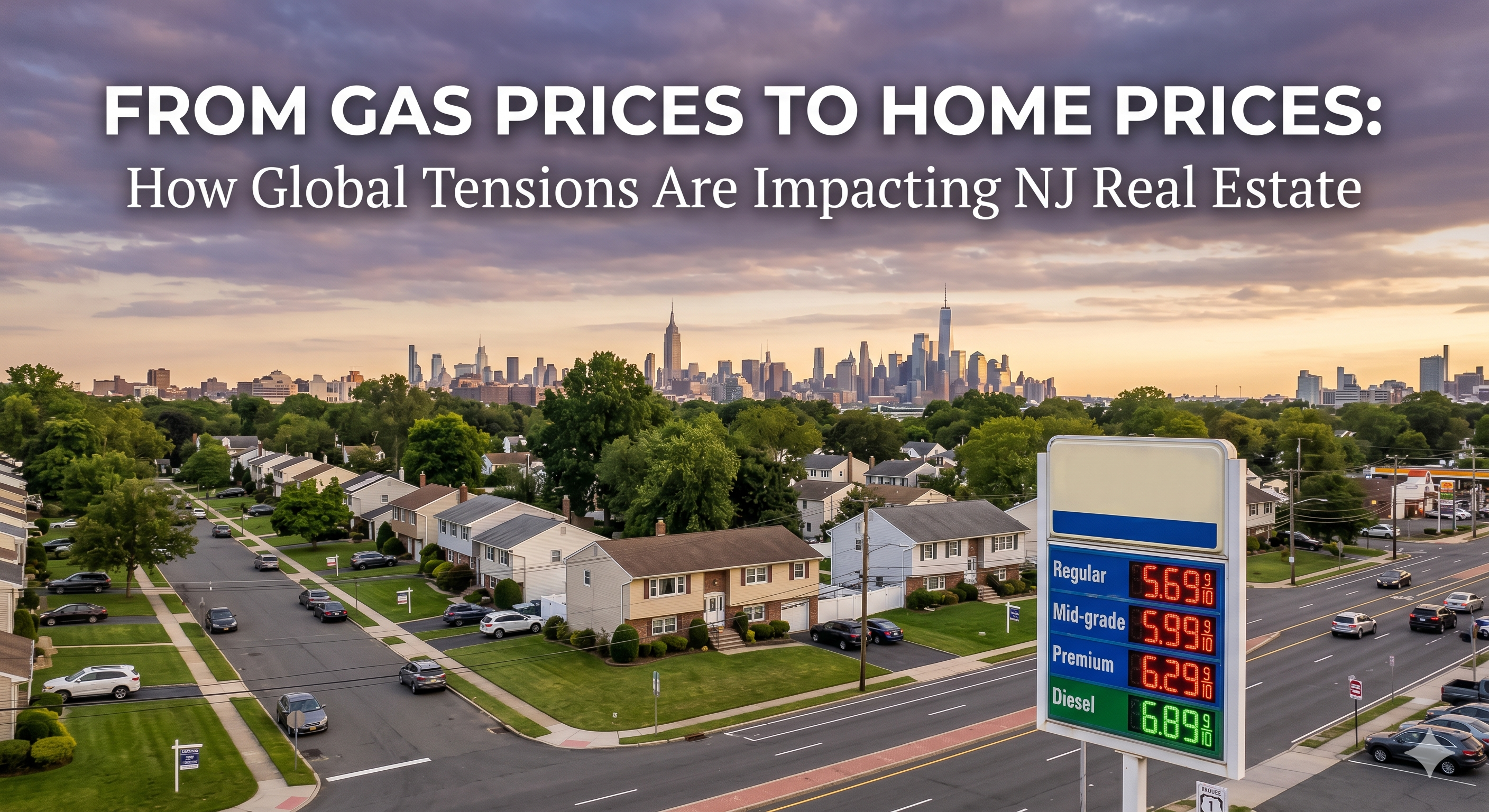 New Jersey suburban neighborhood with gas station price sign in foreground and distant skyline, symbolizing how global fuel prices influence local home buying decisions, overlaid with the text: “From Gas Prices to Home Prices: How Global Tensions Are Impacting NJ Real Estate”