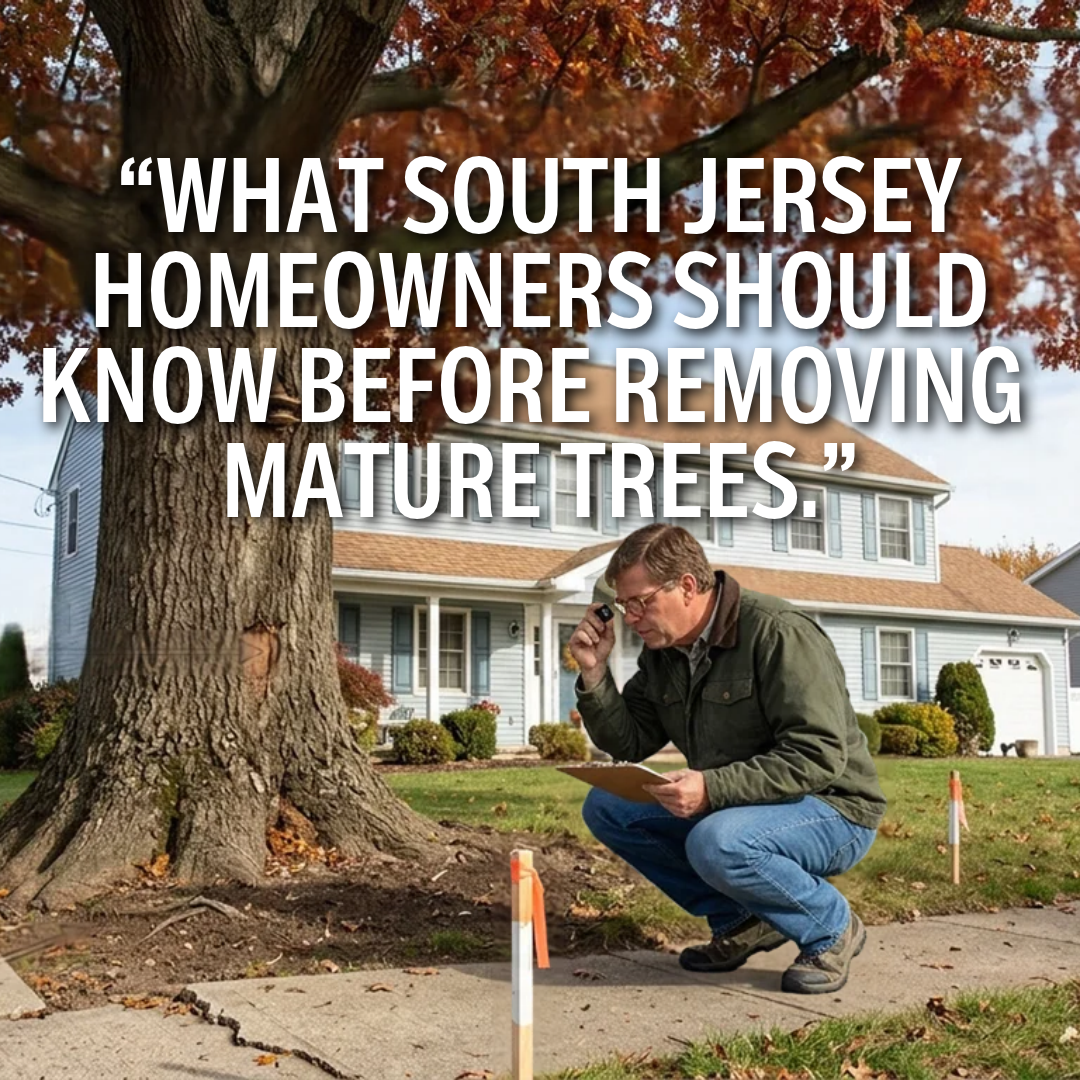 A South Jersey home with a large mature tree near the front yard, alongside a professional arborist evaluating the trunk and surrounding landscape, illustrating the considerations homeowners should review before tree removal, overlaid with the exact text: “What South Jersey Homeowners Should Know Before Removing Mature Trees.” 