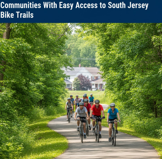 Cyclists riding along a paved South Jersey bike trail surrounded by trees and greenery on a sunny day OVERLAID WITH TEXT: Communities With Easy Access to South Jersey