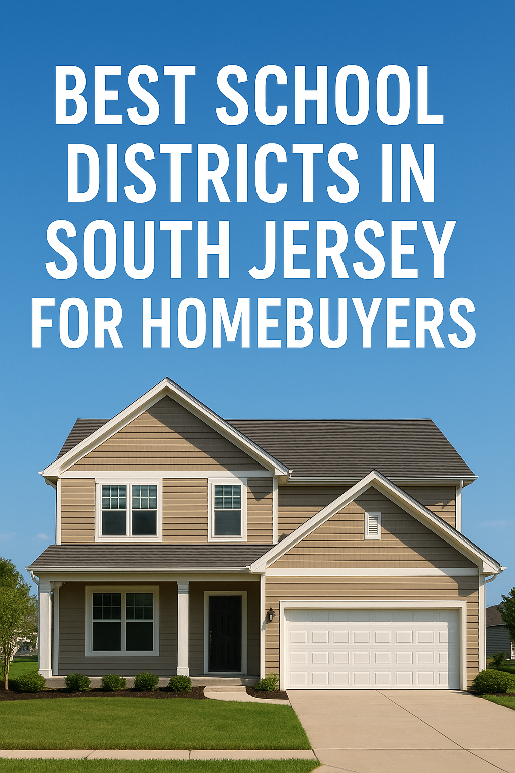 Modern two-story South Jersey suburban home with tan siding and an attached garage, set against a clear blue sky, overlaid with the text: Best School Districts in South Jersey for Homebuyers