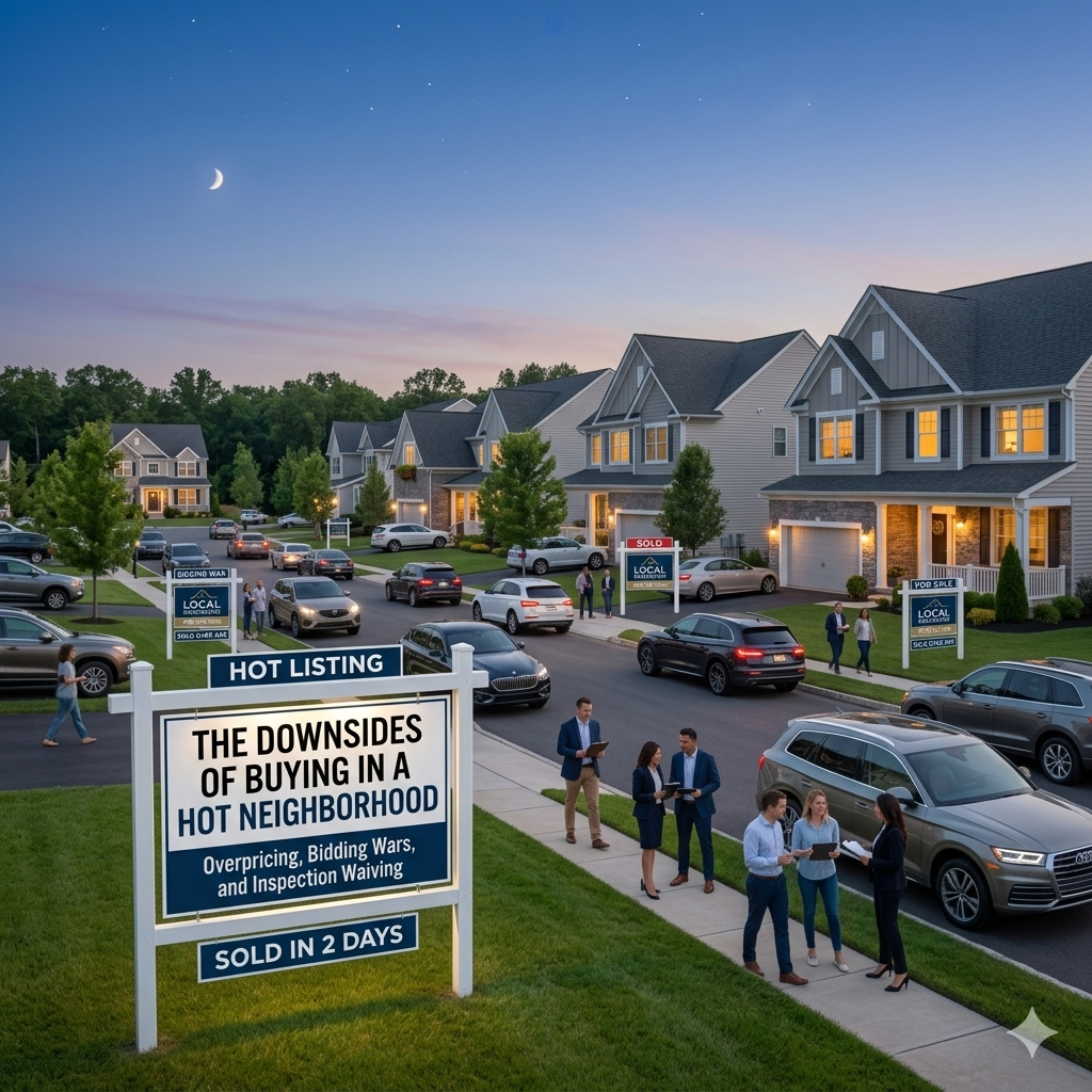 South Jersey neighborhood with high buyer activity and multiple for sale signs, illustrating the downsides of hot neighborhoods with Overlay Text: “THE DOWNSIDES OF BUYING IN A HOT NEIGHBORHOOD”