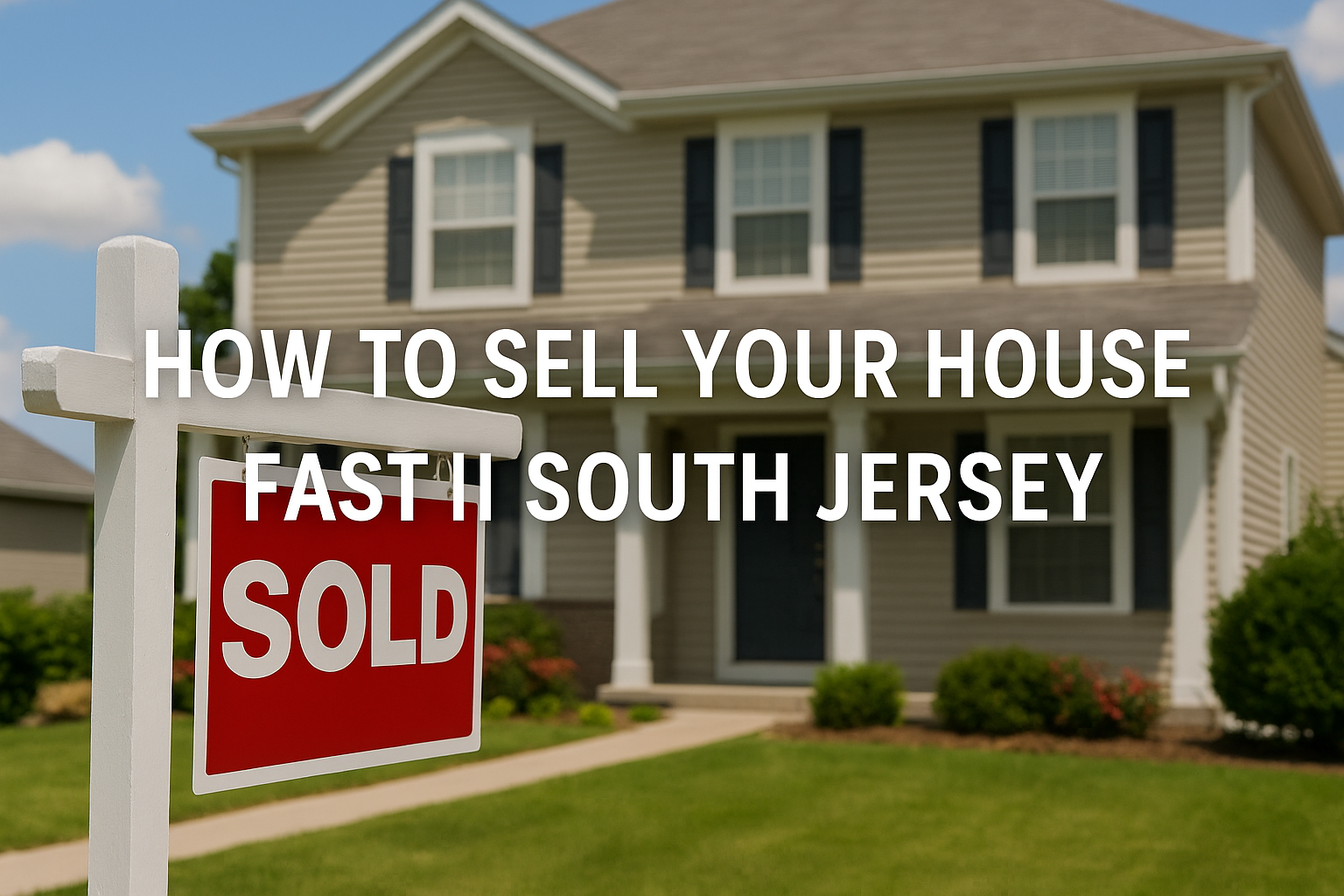 A beige South Jersey home with white trim and a red “SOLD” sign in the front yard under a clear blue sky, overlaid with text reading “How to Sell Your House Fast in South Jersey.”