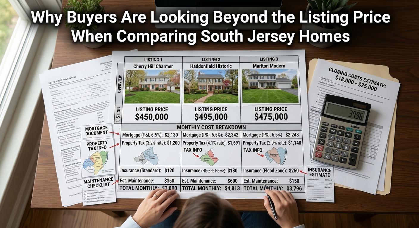 A South Jersey homebuyer comparing multiple property listings alongside a calculator, mortgage documents, property tax information, insurance estimates, and maintenance costs, illustrating why buyers look beyond listing price when comparing homes, overlaid with the text: “Why Buyers Are Looking Beyond the Listing Price When Comparing South Jersey Homes.”
