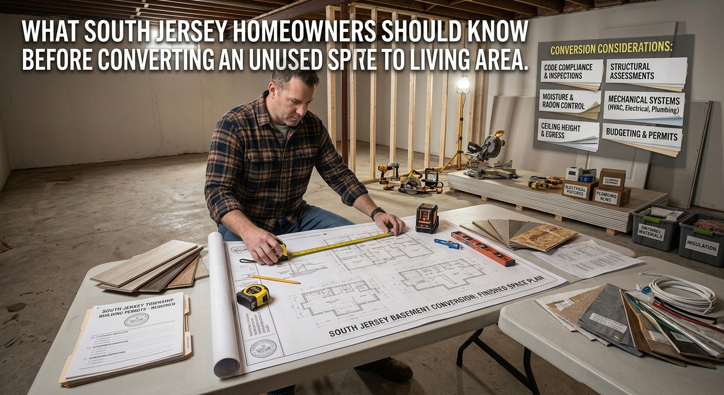 South Jersey homeowner planning to convert an unfinished basement or attic into a finished living area, with architectural plans, measuring tape, permit documents, flooring samples, and renovation materials visible, illustrating the considerations involved in converting unused space into living area, overlaid with the title: “What South Jersey Homeowners Should Know Before Converting an Unused Space Into Living Area.”