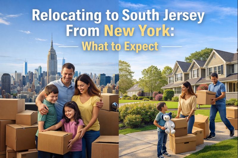 Family moving from New York to South Jersey, illustrating suburban neighborhoods and lifestyle transition overlaid with text: Relocating to South Jersey From New York: What to Expect