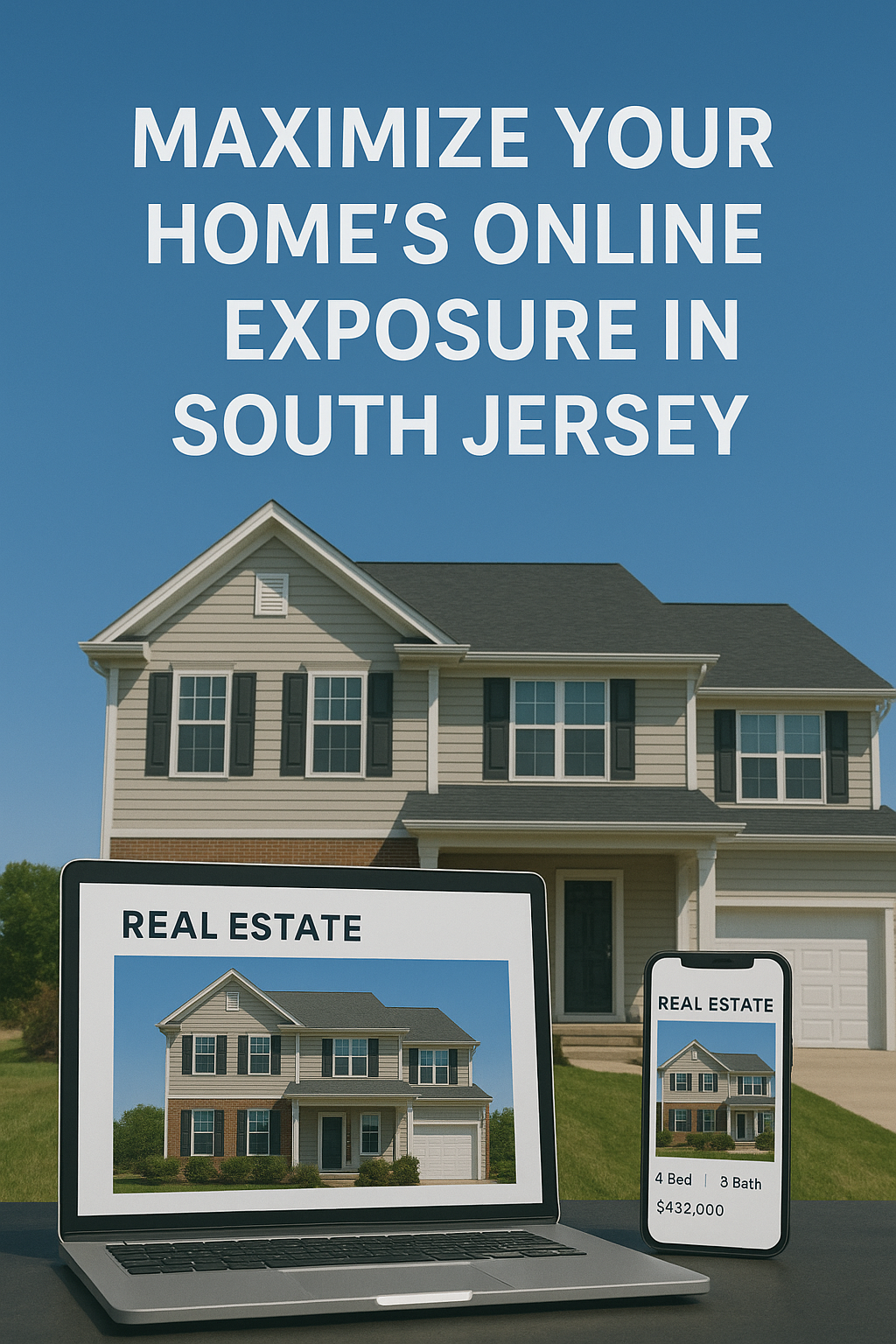 South Jersey home exterior with digital devices displaying real estate listings, set against a clear blue sky, overlaid with the text“MAXIMIZE YOUR HOME’S ONLINE EXPOSURE IN SOUTH JERSEY”