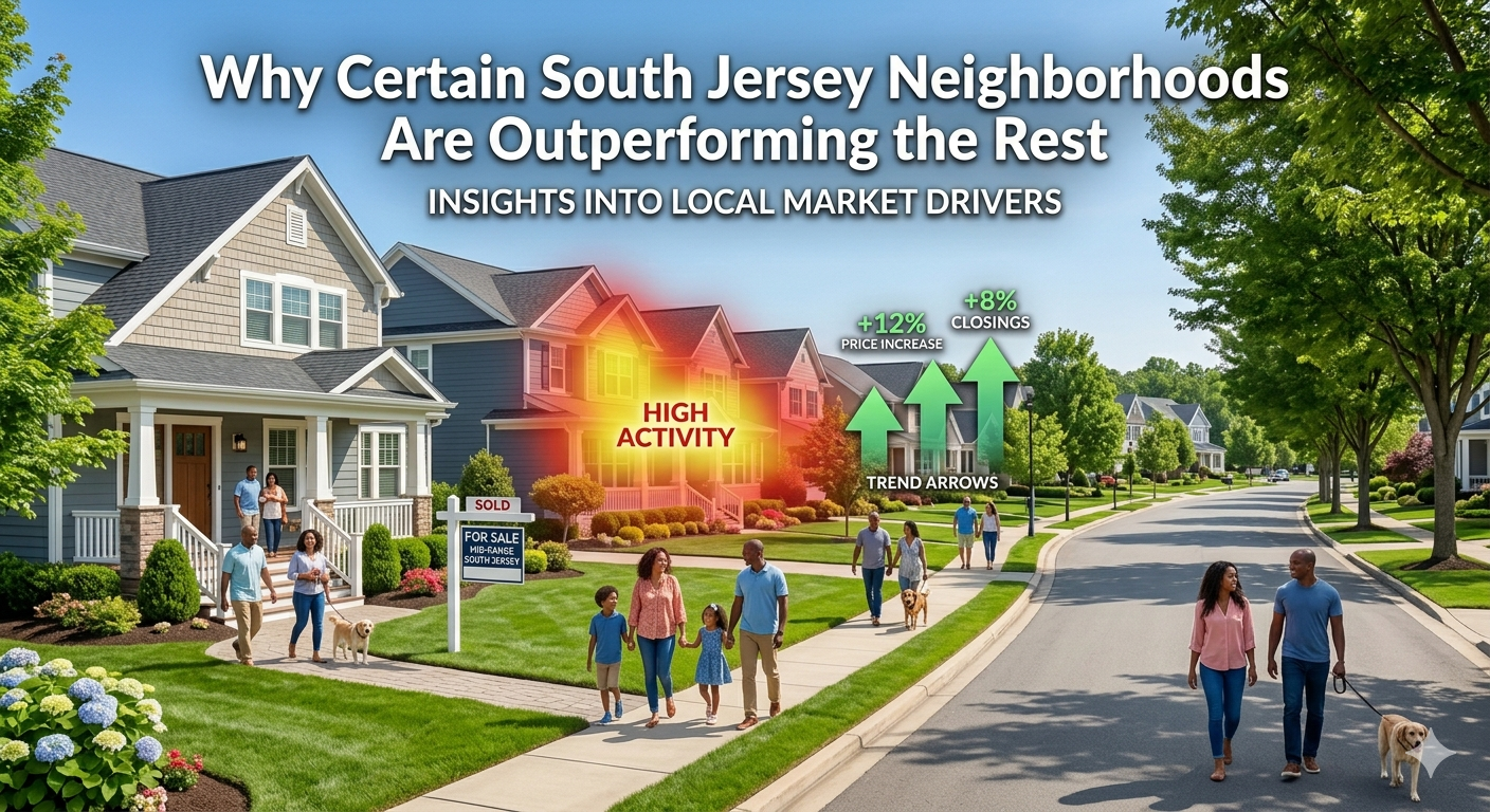 Attractive South Jersey neighborhood with tree-lined streets, modern suburban homes, people walking outdoors, and highlighted areas showing rising market activity, overlaid with the text: “Why Certain South Jersey Neighborhoods Are Outperforming the Rest”