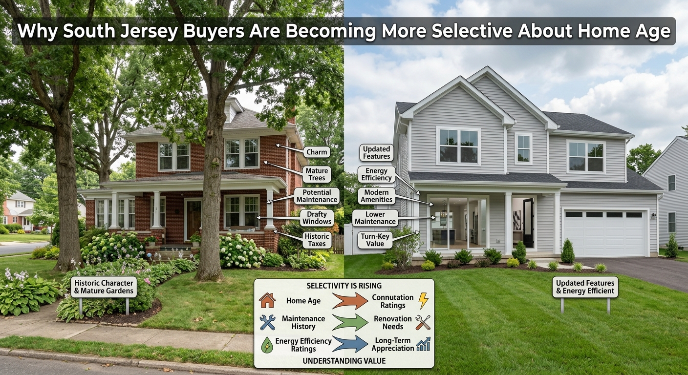 South Jersey homes showing a comparison between a charming older home with mature landscaping and a modern newer home with updated features, illustrating why buyers are becoming more selective about home age, maintenance, energy efficiency, renovations, and long-term value, overlaid with the title: “Why South Jersey Buyers Are Becoming More Selective About Home Age.”