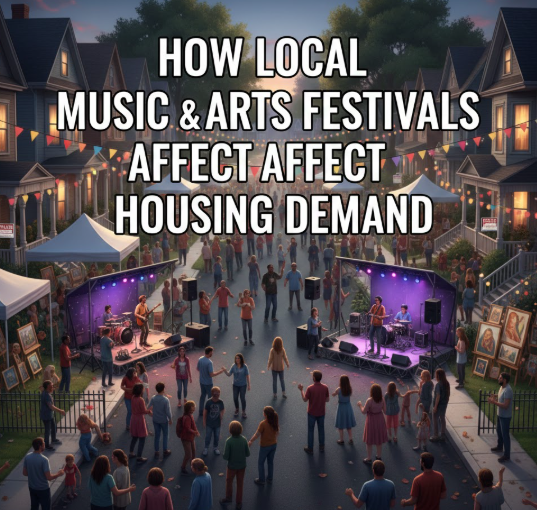 South Jersey neighborhood featuring a local music and arts festival with outdoor stages and nearby homes, showcasing community culture and increased housing demand with Overlay Text: “HOW LOCAL MUSIC & ARTS FESTIVALS AFFECT HOUSING DEMAND”