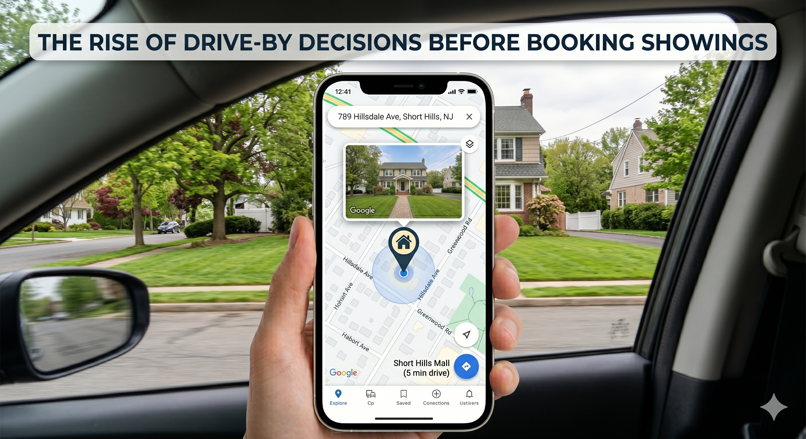 Buyer driving past a New Jersey suburban home, viewing the property from the street with focus on curb appeal, neighborhood setting, and exterior condition, overlaid with the text: “The Rise of Drive-By Decisions Before Booking Showings”