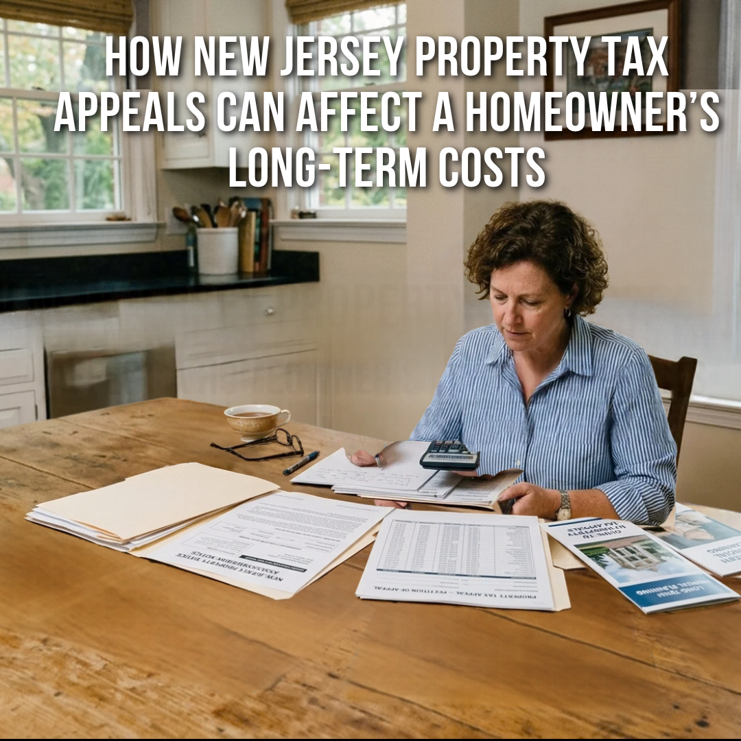 New Jersey homeowner reviewing a property tax assessment and appeal documents with a calculator and home paperwork, illustrating how a property tax appeal can affect long-term homeownership costs, overlaid with the text: “How New Jersey Property Tax Appeals Can Affect a Homeowner’s Long-Term Costs”