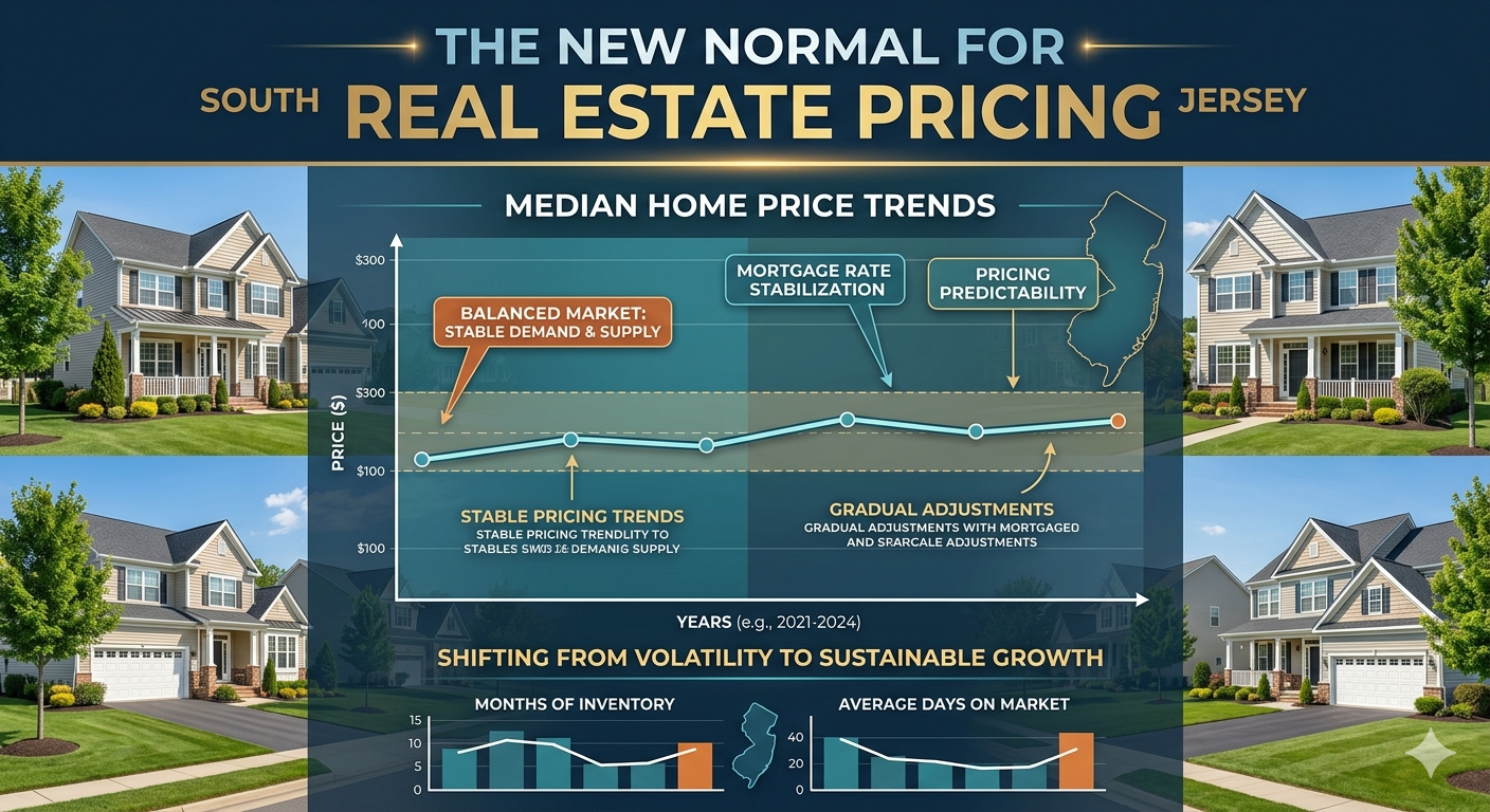 South Jersey suburban homes with a balanced market graph overlay showing stable pricing trends and gradual adjustments, symbolizing the new normal in real estate pricing, overlaid with the text: “The New Normal for South Jersey Real Estate Pricing”