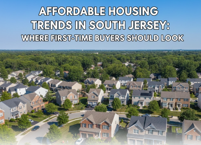 South Jersey suburban neighborhood with single-family homes and townhouses, bright blue sky, overlaid with the text: ‘AFFORDABLE HOUSING TRENDS IN SOUTH JERSEY: WHERE FIRST-TIME BUYERS SHOULD LOOK’