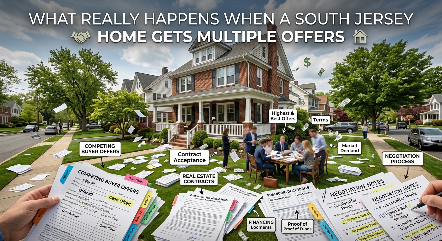 South Jersey home surrounded by multiple competing buyer offers, real estate contracts, financing documents, and negotiation notes, illustrating what really happens when a South Jersey home gets multiple offers, overlaid with the text: “What Really Happens When a South Jersey Home Gets Multiple Offers” 