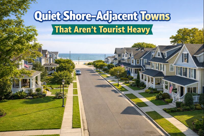 Charming South Jersey coastal town street with single-family homes, tree-lined sidewalks, and calm beach access overlaid with the text: Quiet Shore-Adjacent Towns That Aren’t Tourist Heavy