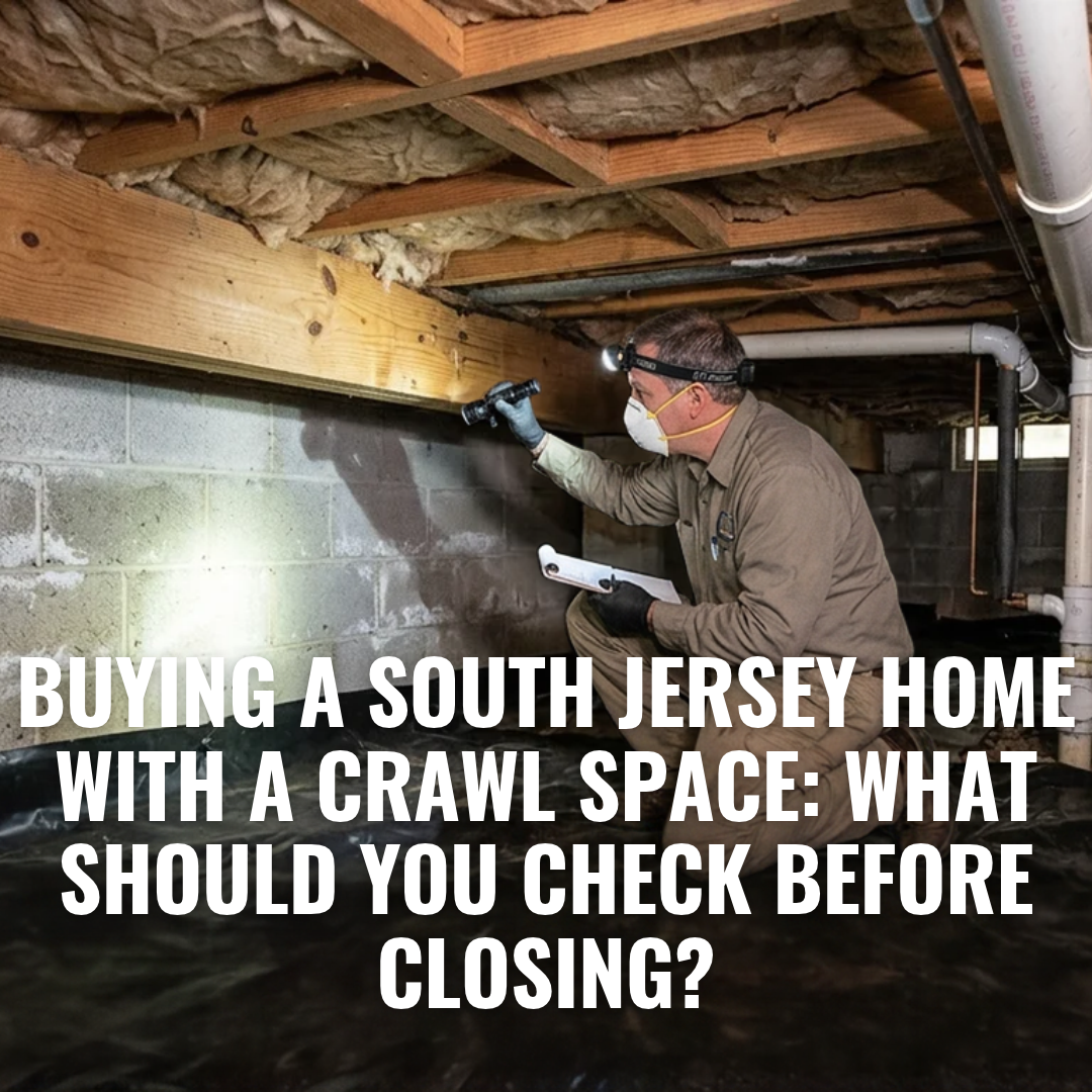 A home inspector examining a South Jersey home's crawl space, checking the floor joists, foundation walls, plumbing, insulation, drainage, and ground-moisture barrier, Overlaid with the exact title: “Buying a South Jersey Home With a Crawl Space: What Should You Check Before Closing?” 