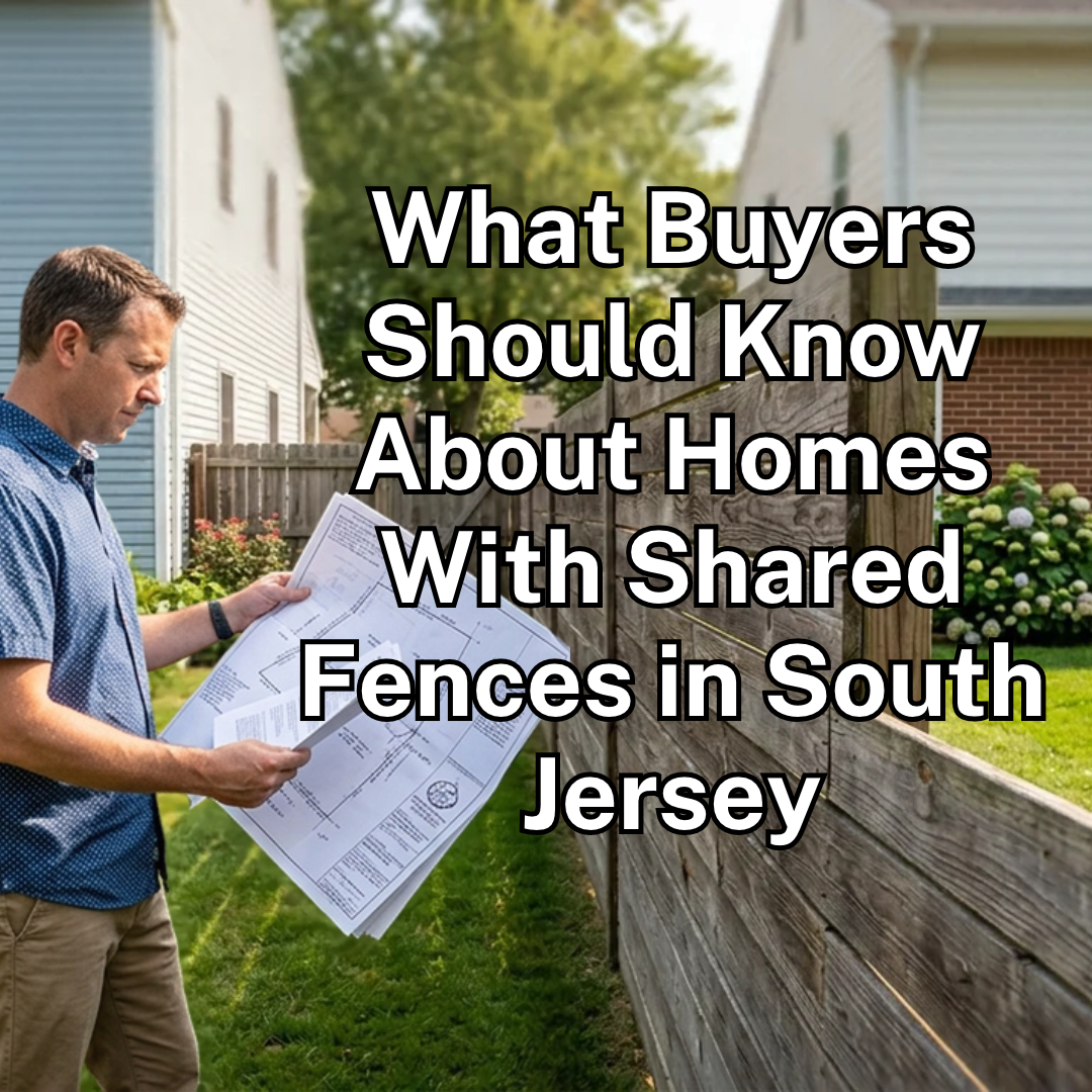A South Jersey home with a wooden backyard fence separating two neighboring properties, with a homebuyer reviewing a property survey and fence maintenance documents, overlaid with the exact title: “What Buyers Should Know About Homes With Shared Fences in South Jersey” 
