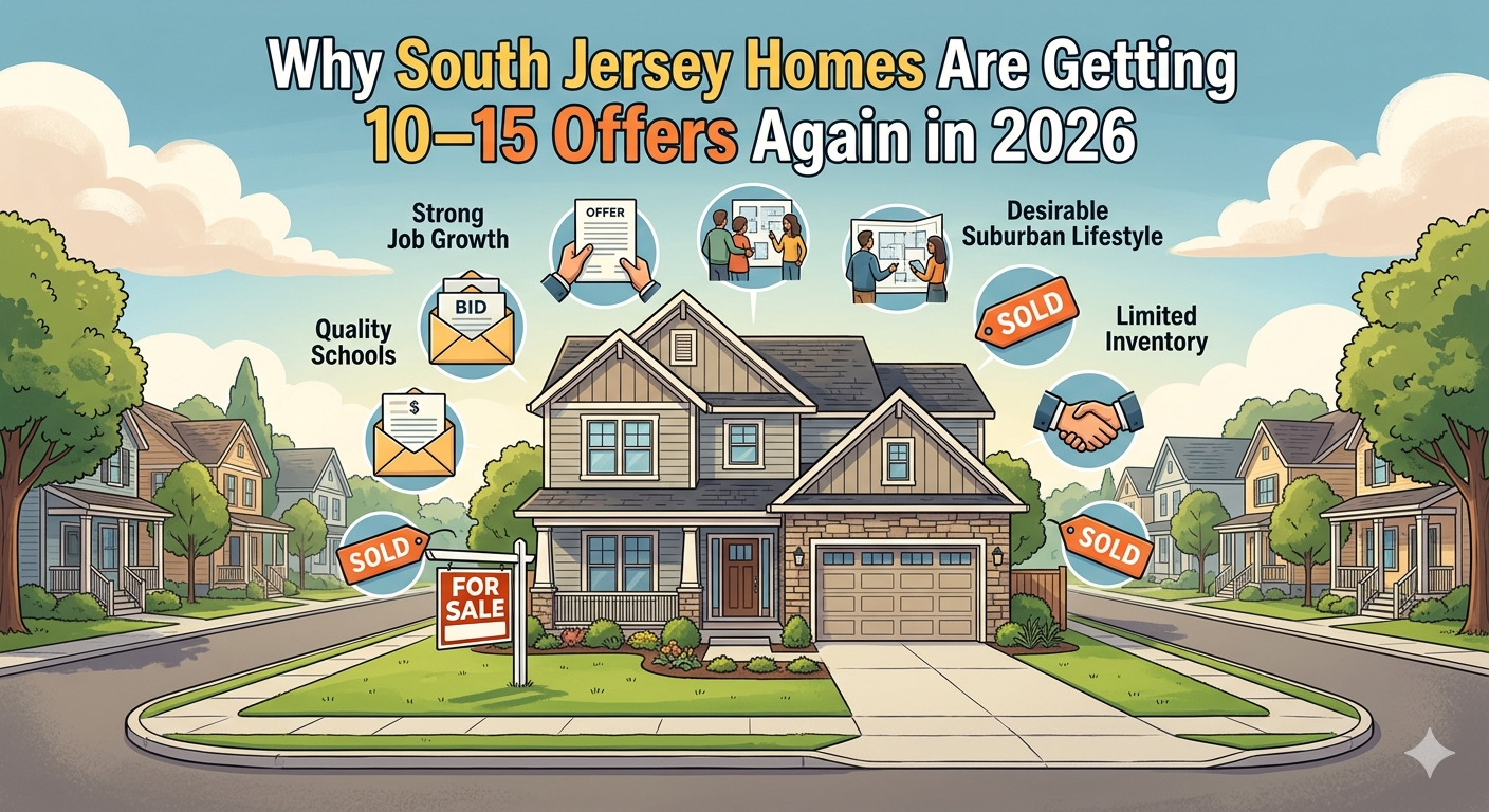 Modern South Jersey suburban home with “For Sale” sign in front, surrounded by multiple buyer activity icons and a neighborhood backdrop, symbolizing high-demand housing conditions with multiple offers, overlaid with the text: “Why South Jersey Homes Are Getting 10–15 Offers Again in 2026”