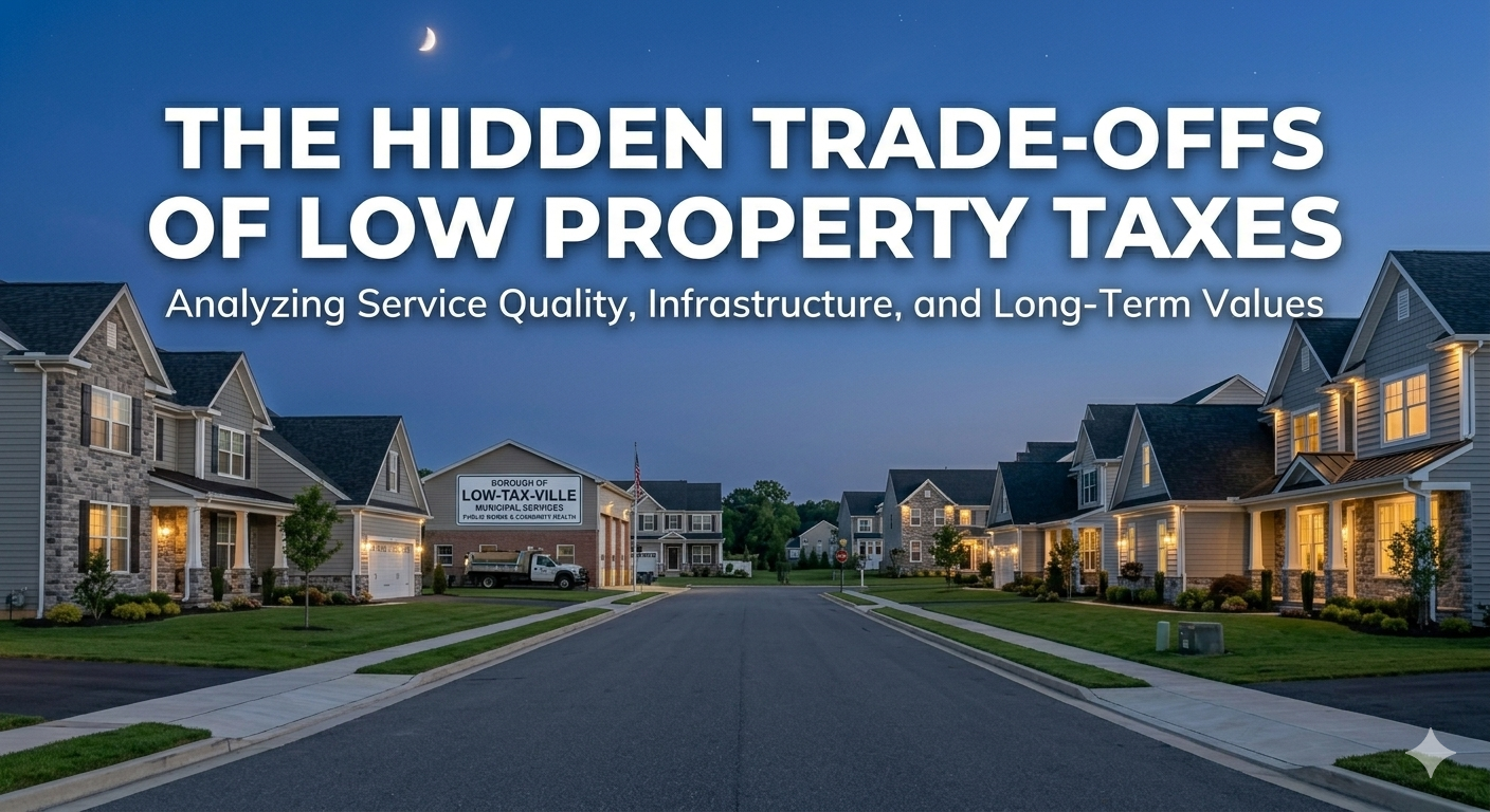 South Jersey neighborhood street scene showing residential homes and nearby municipal services with Overlay Text: “THE HIDDEN TRADE-OFFS OF LOW PROPERTY TAXES”
