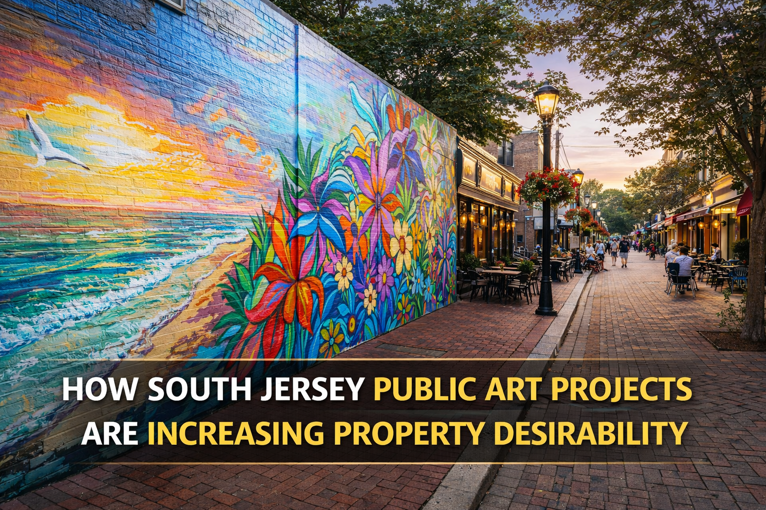 South Jersey neighborhood with vibrant public art mural along a walkable street, enhancing community character and increasing property desirability with Overlay Text: “HOW SOUTH JERSEY PUBLIC ART PROJECTS ARE INCREASING PROPERTY DESIRABILITY”