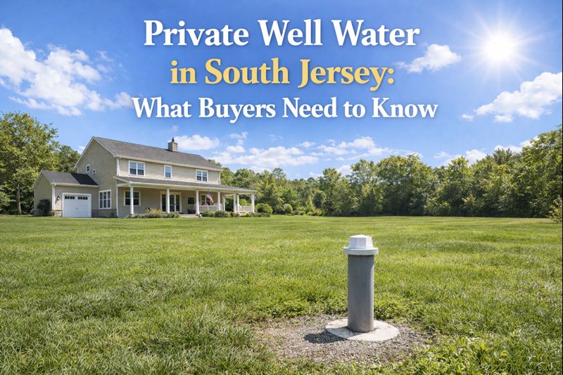 South Jersey home on a large lot with a private well system, surrounded by trees and open land overlay with “Private Well Water in South Jersey: What Buyers Need to Know”