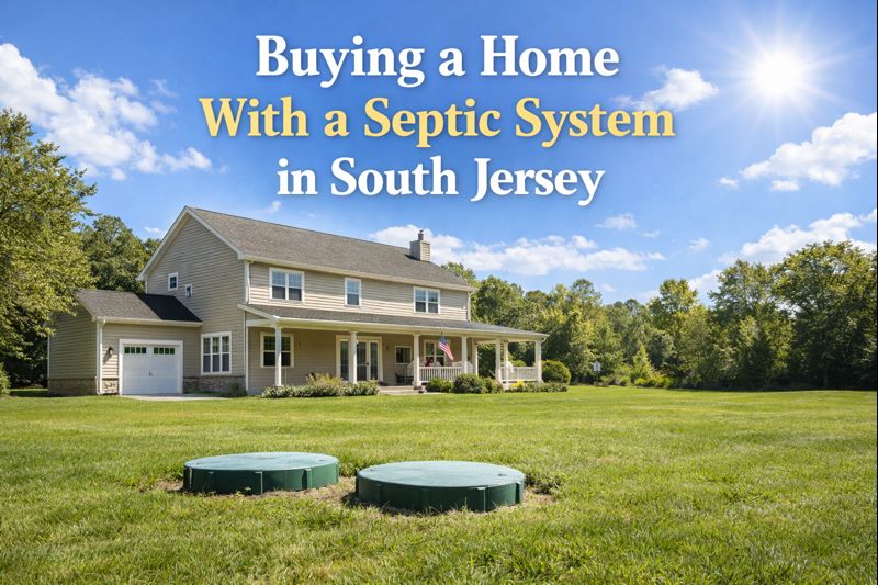 South Jersey home with a septic system in a spacious yard, ideal for buyers to understand inspection and maintenance requirements. overlay with Buying a Home With a Septic System in South Jersey