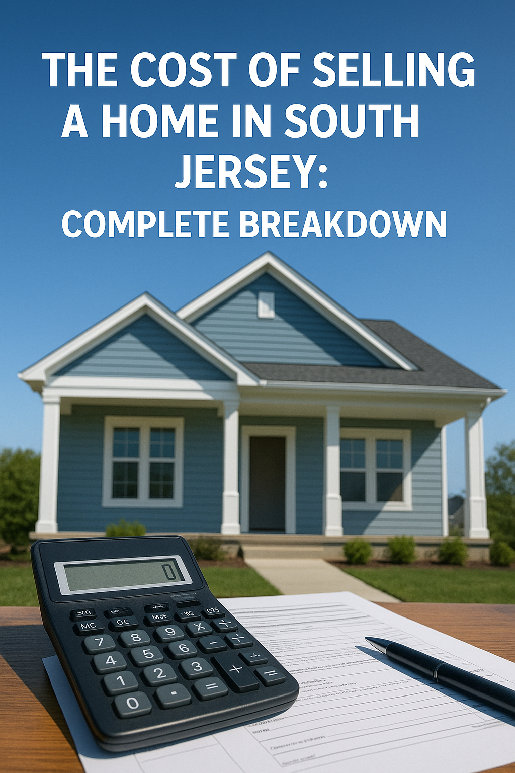 South Jersey home exterior with calculator and documents, set against a clear blue sky, overlaid with the text: “THE COST OF SELLING A HOME IN SOUTH JERSEY: COMPLETE BREAKDOWN”