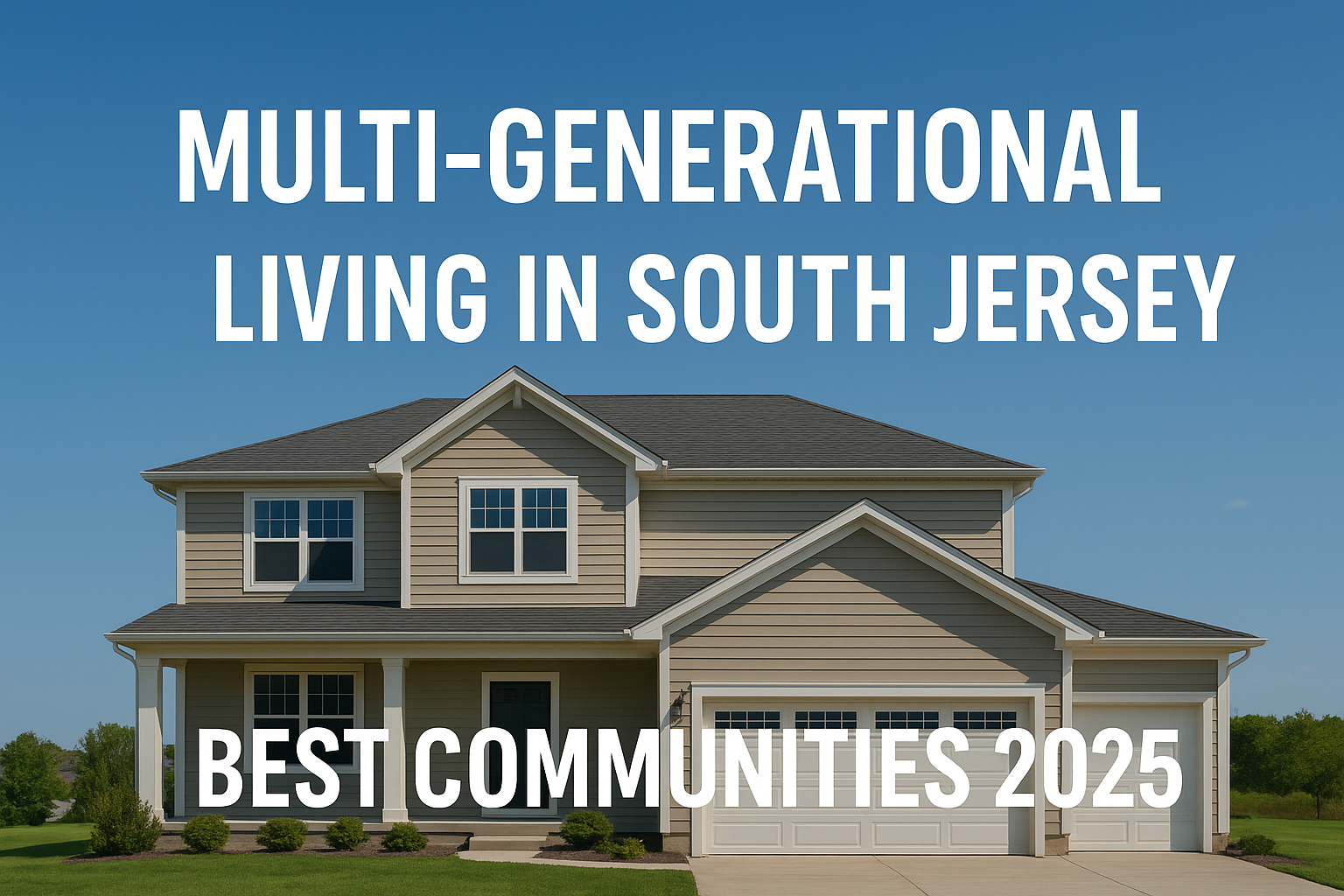 Modern two-story South Jersey suburban home with tan siding and an attached garage, set against a clear blue sky, overlaid with the text:“MULTI-GENERATIONAL LIVING IN SOUTH JERSEY: BEST COMMUNITIES 2025”