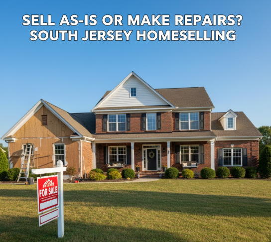South Jersey home with repairs in progress on one side and “For Sale As-Is” sign on the other, set against a clear blue sky, overlaid with the text: “SELL AS-IS OR MAKE REPAIRS? SOUTH JERSEY HOMESELLING”