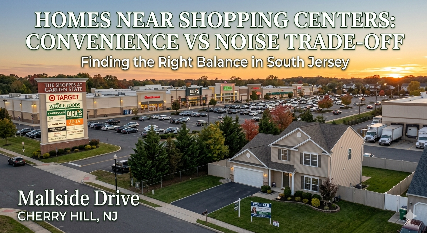 South Jersey home with nearby shopping center in view, illustrating the convenience versus noise trade-off with Overlay Text: “HOMES NEAR SHOPPING CENTERS: CONVENIENCE VS NOISE TRADE-OFF”
