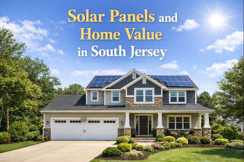 South Jersey home with rooftop solar panels on a sunny day, surrounded by mature trees and a suburban neighborhood overlay with Solar Panels and Home Value in South Jersey