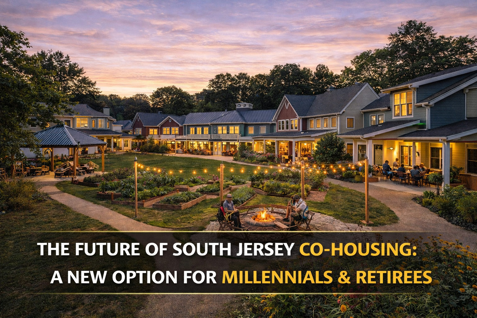 South Jersey co-housing community featuring clustered homes, shared green spaces, and common amenities, highlighting collaborative and lifestyle-focused living with Overlay Text: “THE FUTURE OF SOUTH JERSEY CO-HOUSING: A NEW OPTION FOR MILLENNIALS & RETIREES”
