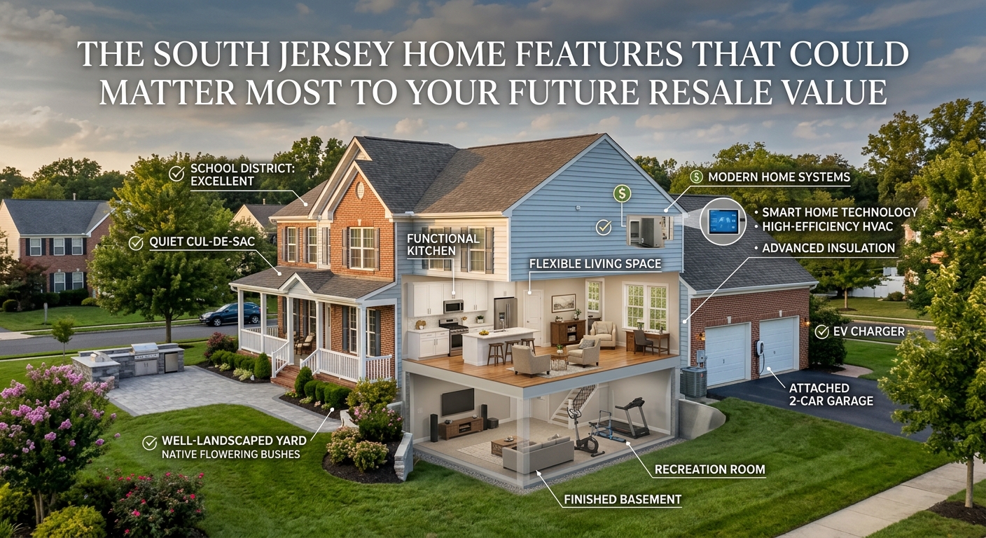 Attractive South Jersey home showcasing a functional kitchen, flexible living space, finished basement, garage, landscaped yard, and modern home systems, illustrating the home features that could matter most to future resale value, overlaid with the text: “The South Jersey Home Features That Could Matter Most to Your Future Resale Value”