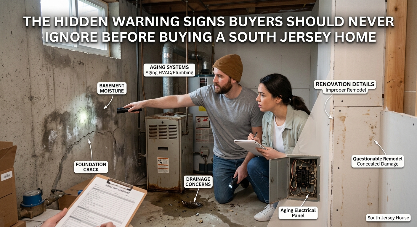 South Jersey homebuyers inspecting a property while noticing potential warning signs including basement moisture, foundation cracks, aging systems, drainage concerns, and renovation details, illustrating the hidden warning signs buyers should never ignore before buying a South Jersey home, overlaid with the text: “The Hidden Warning Signs Buyers Should Never Ignore Before Buying a South Jersey Home” 