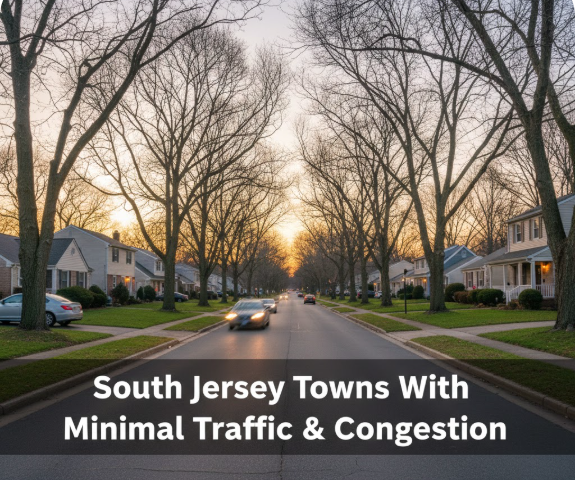Quiet South Jersey suburban street with light traffic, tree-lined roads, and single-family homes. overlaid with text: South Jersey Towns With Minimal Traffic & Congestion
