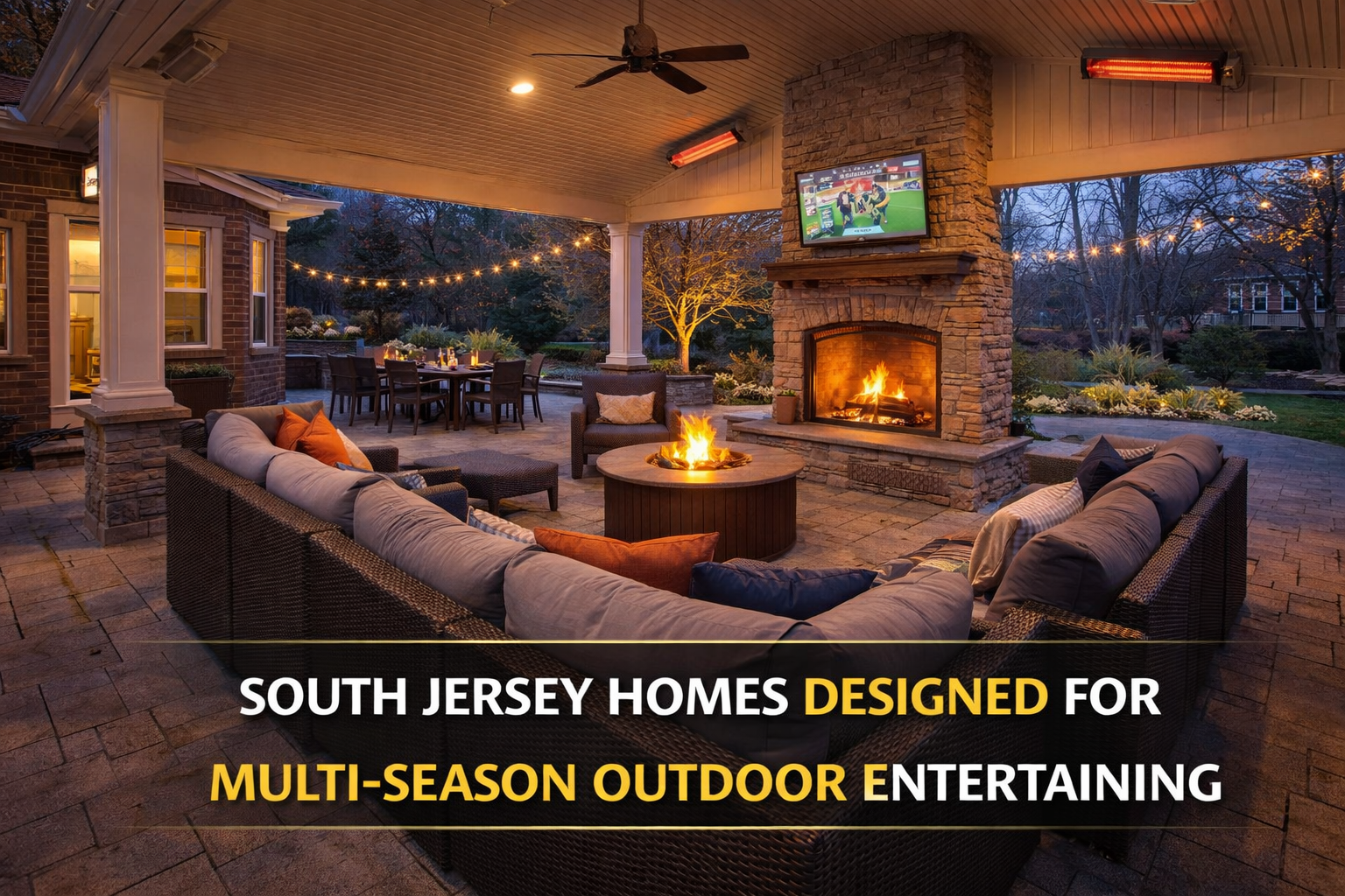 South Jersey home featuring a multi-season outdoor entertaining space with a covered patio, outdoor fireplace, heaters, and flexible seating, showcasing year-round backyard living with Overlay Text: “SOUTH JERSEY HOMES DESIGNED FOR MULTI-SEASON OUTDOOR ENTERTAINING”