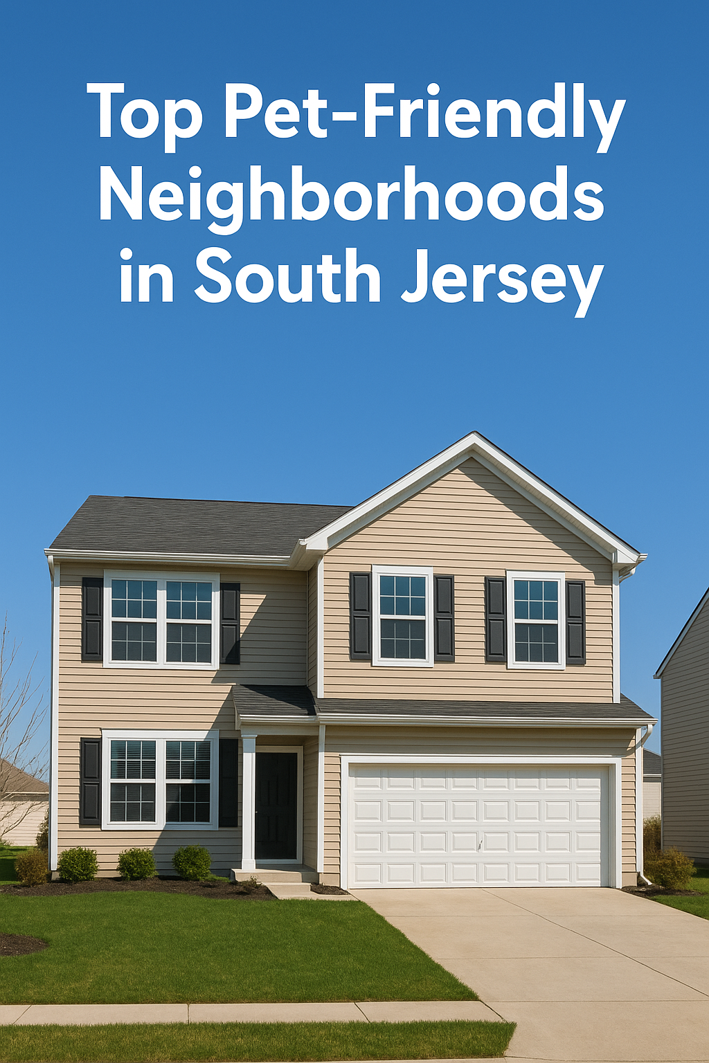 Modern two-story South Jersey suburban home with tan siding and an attached garage, set against a clear blue sky, overlaid with the text: Top Pet-Friendly Neighborhoods in South Jersey
