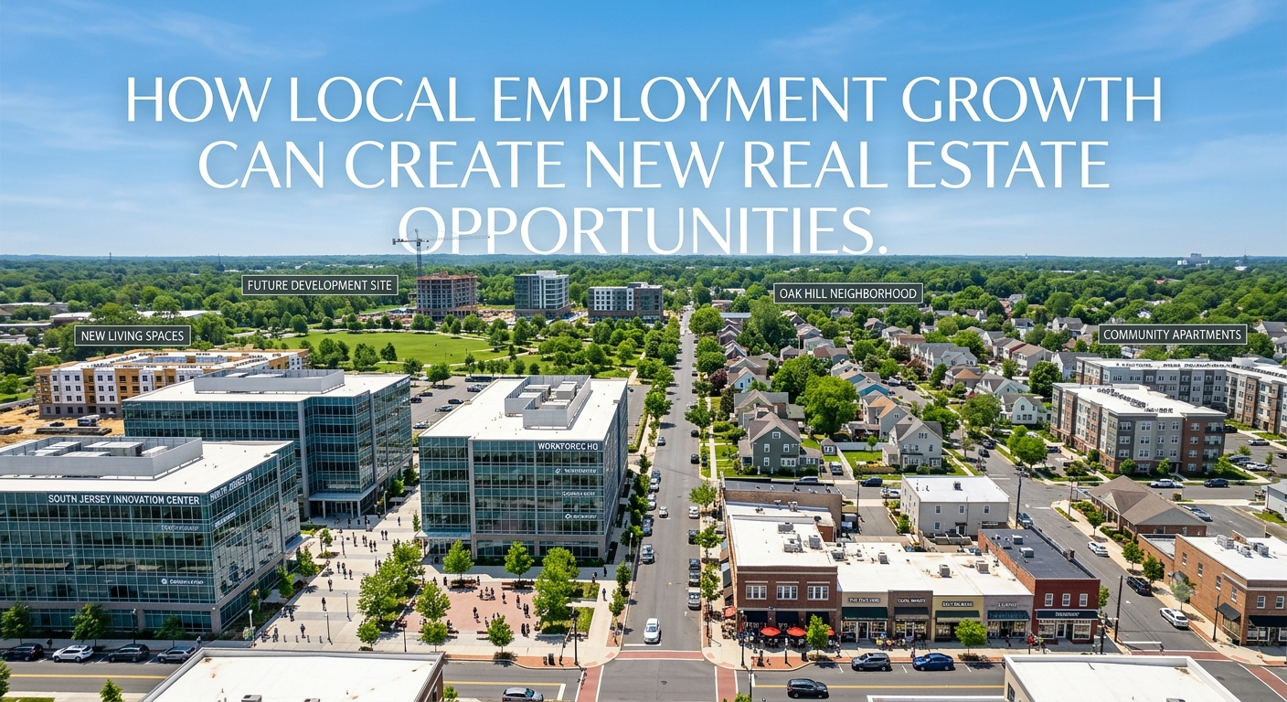 A growing South Jersey business district with modern office buildings, employees, nearby residential neighborhoods, and local shops, illustrating how local employment growth creates new real estate opportunities, overlaid with the text: “How Local Employment Growth Can Create New Real Estate Opportunities.