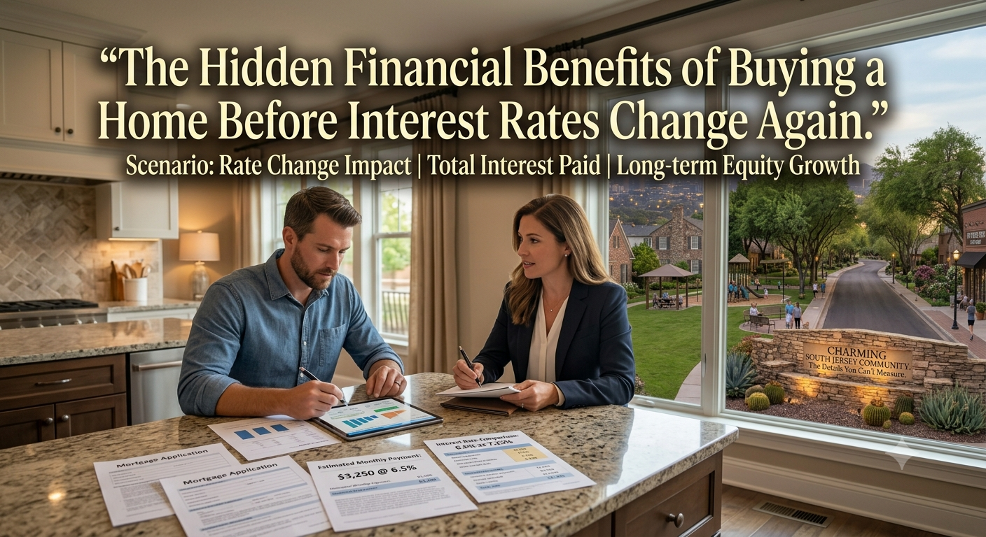 A South Jersey homebuyer reviewing mortgage documents and financial calculations with a real estate agent, illustrating how changing interest rates can influence affordability and long-term homeownership, overlaid with the text: “The Hidden Financial Benefits of Buying a Home Before Interest Rates Change Again.” 