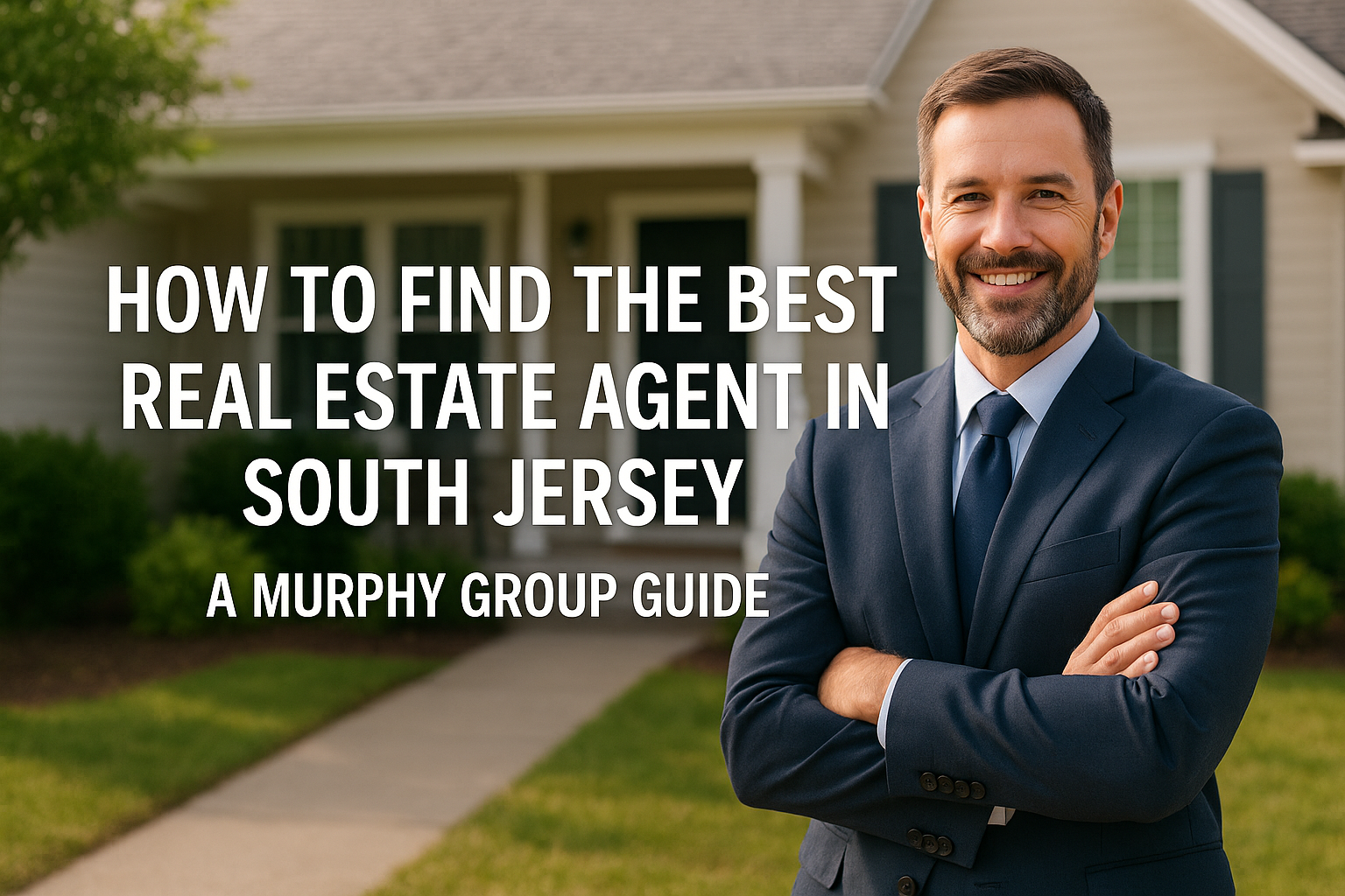 Professional South Jersey real estate agent in a navy suit standing in front of a suburban home, with bold overlay text reading “How to Find the Best Real Estate Agent in South Jersey – A Murphy Group Guide.”