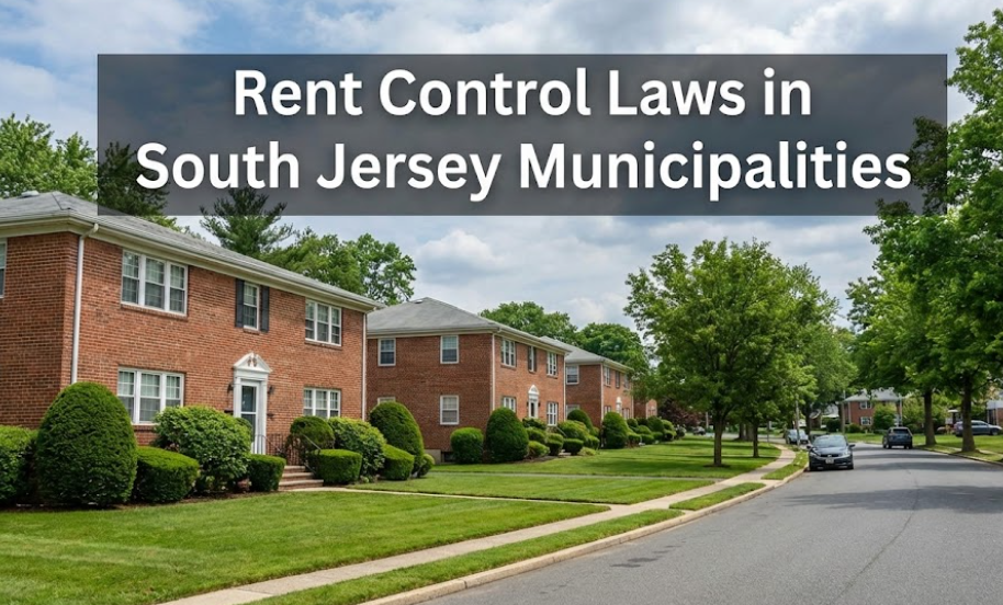 South Jersey multi-family residential buildings with well-kept exteriors in a suburban neighborhood. overlay with text: “Rent Control Laws in South Jersey Municipalities